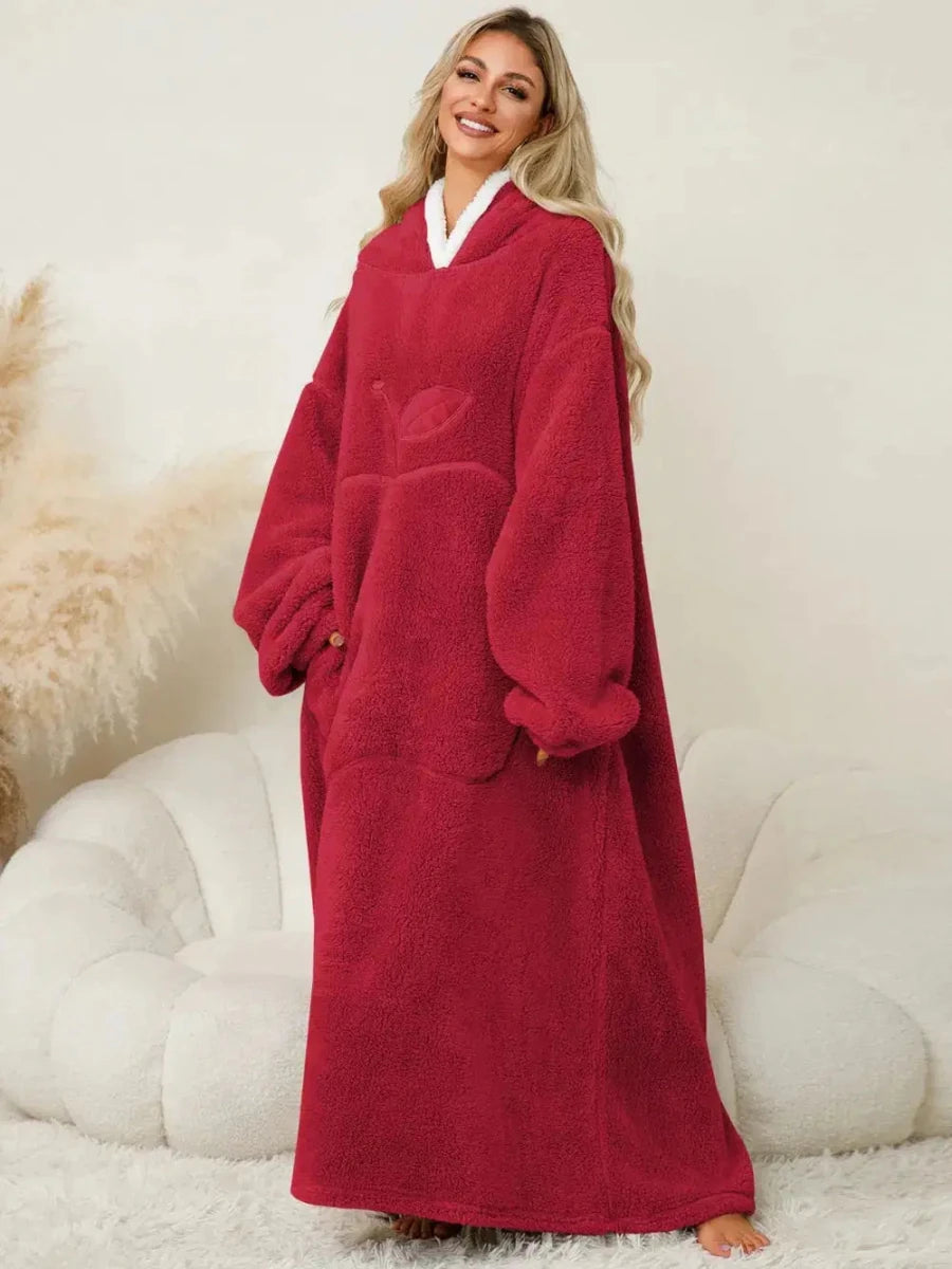 Pocketed Contrast Long Sleeve Hooded Lounge Dress - Lustreve