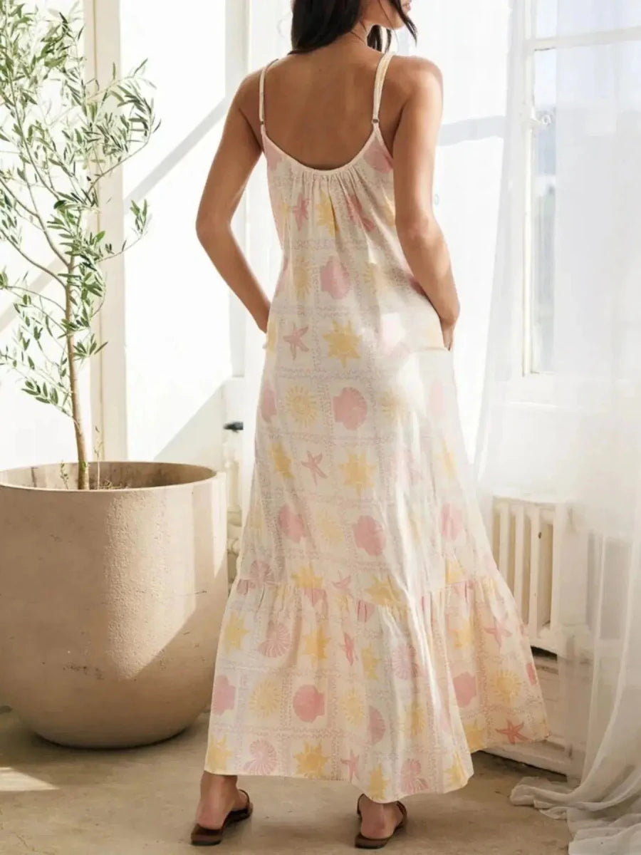 Printed Maxi Lounge Dress with Ruffled Hem - Lustreve