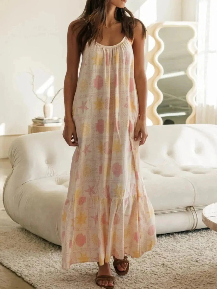 Printed Maxi Lounge Dress with Ruffled Hem - Lustreve