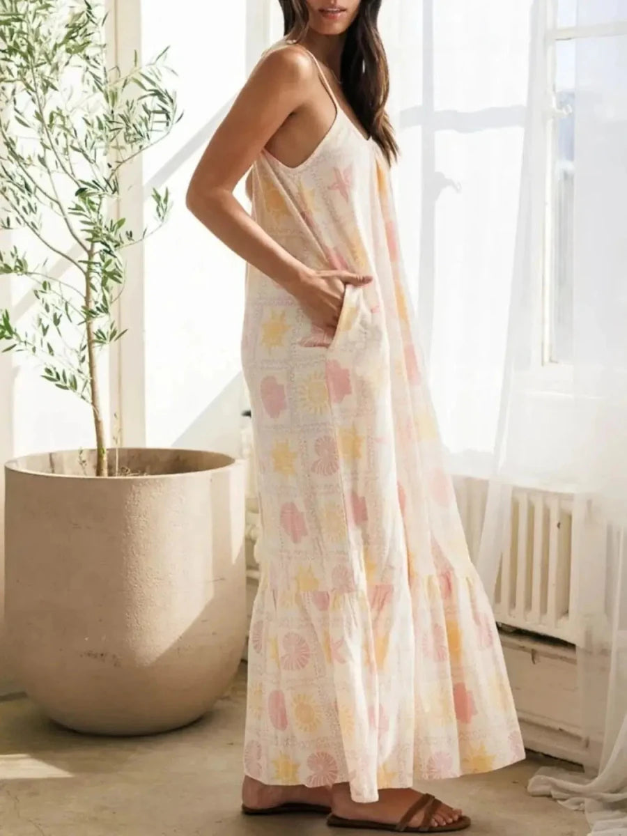 Printed Maxi Lounge Dress with Ruffled Hem - Lustreve
