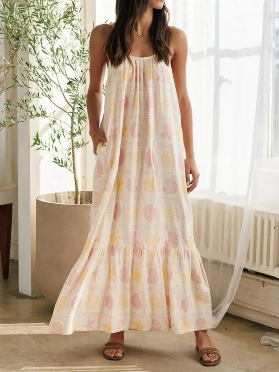 Printed Maxi Lounge Dress with Ruffled Hem - Lustreve