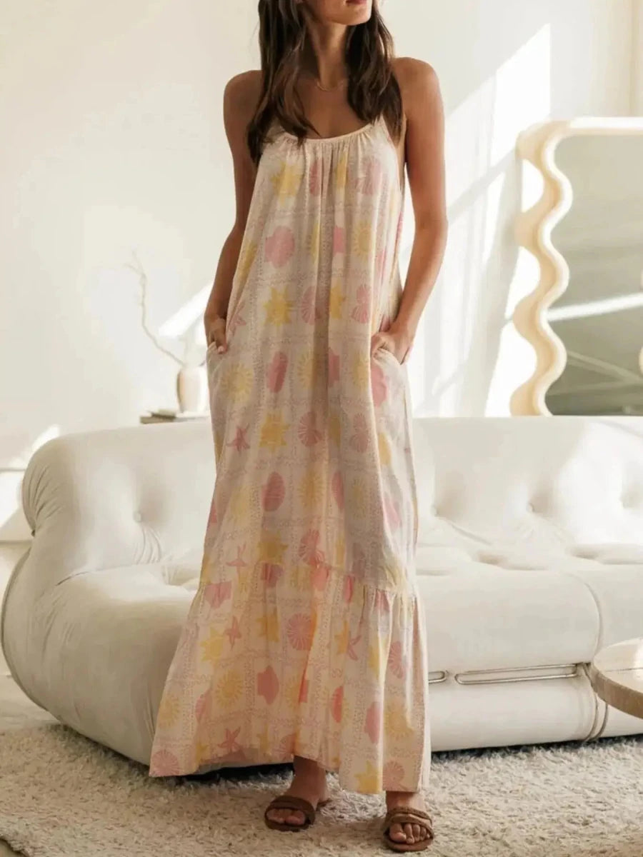 Printed Maxi Lounge Dress with Ruffled Hem - Lustreve