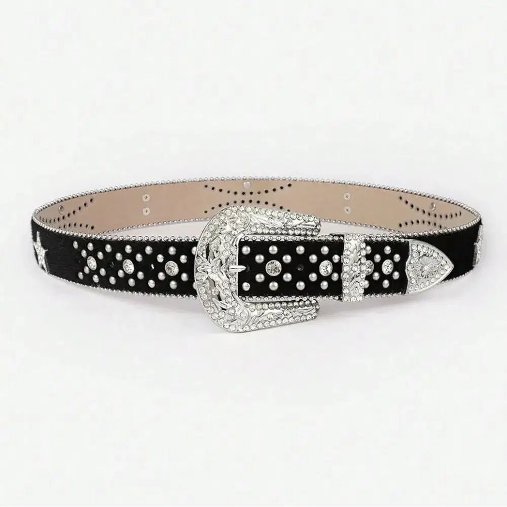 PU Leather Inlaid Rhinestone Belt - Lustreve