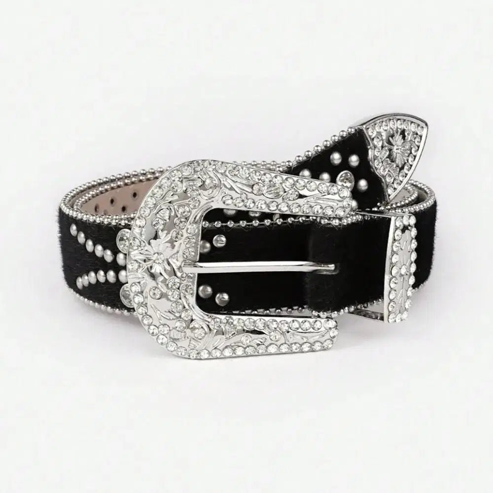 PU Leather Inlaid Rhinestone Belt - Lustreve