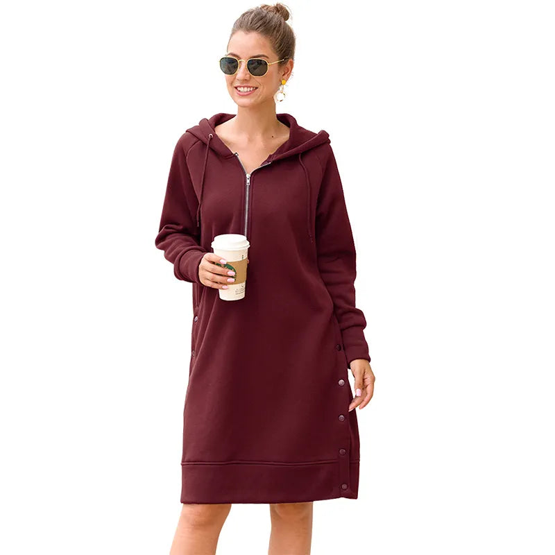 Autumn Hoodie Snap Button Midi Dress