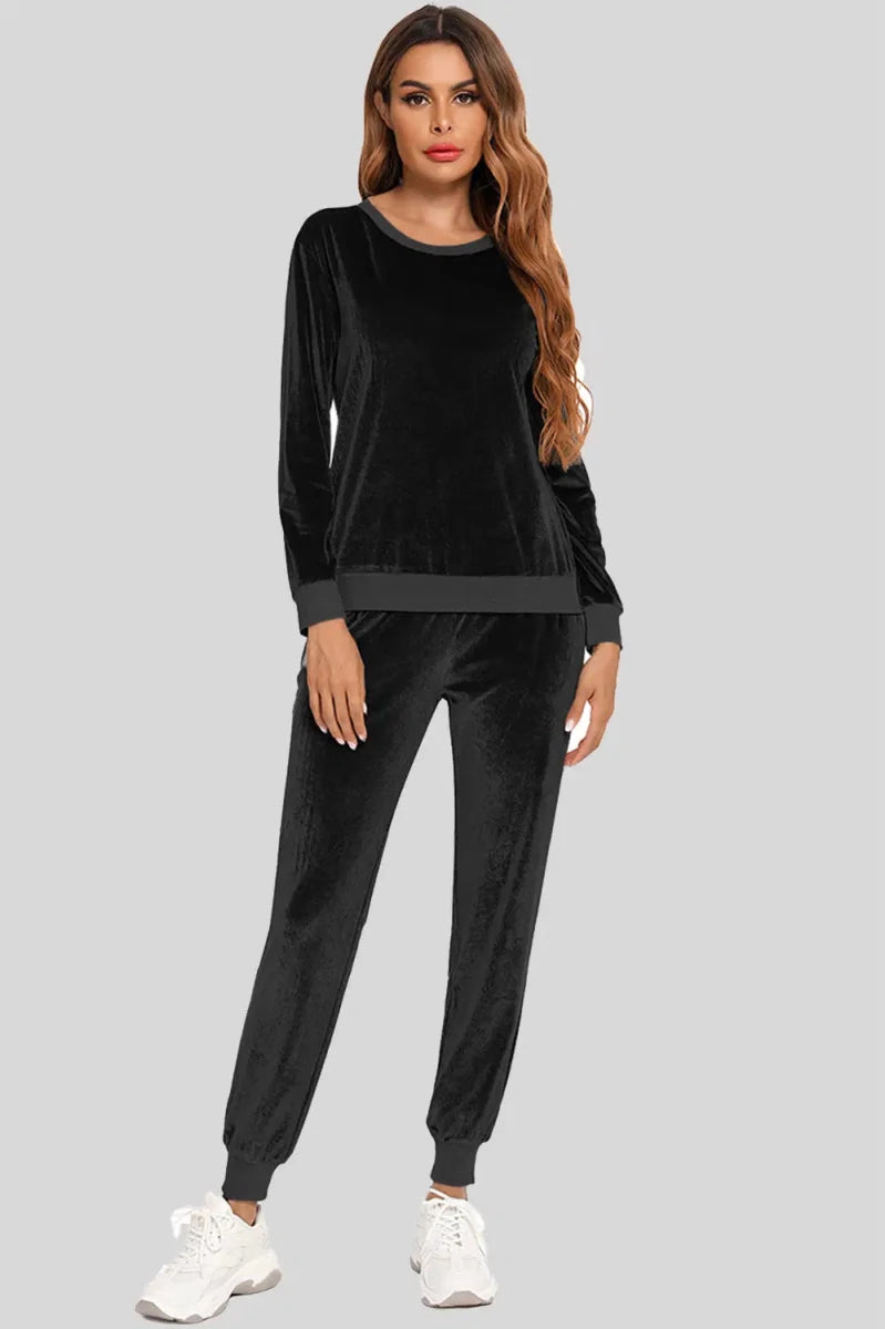 Round Neck Long Sleeve Loungewear Set with Pockets - Lustreve