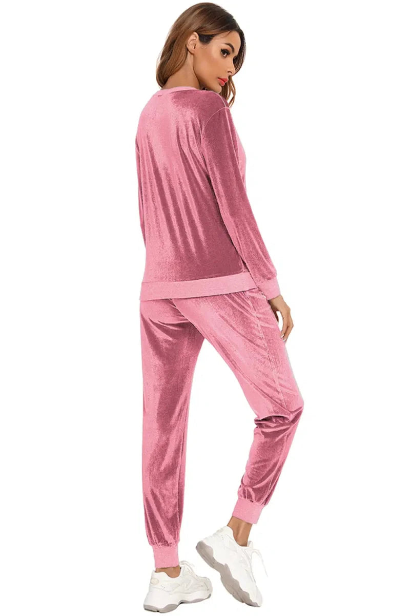 Round Neck Long Sleeve Loungewear Set with Pockets - Lustreve