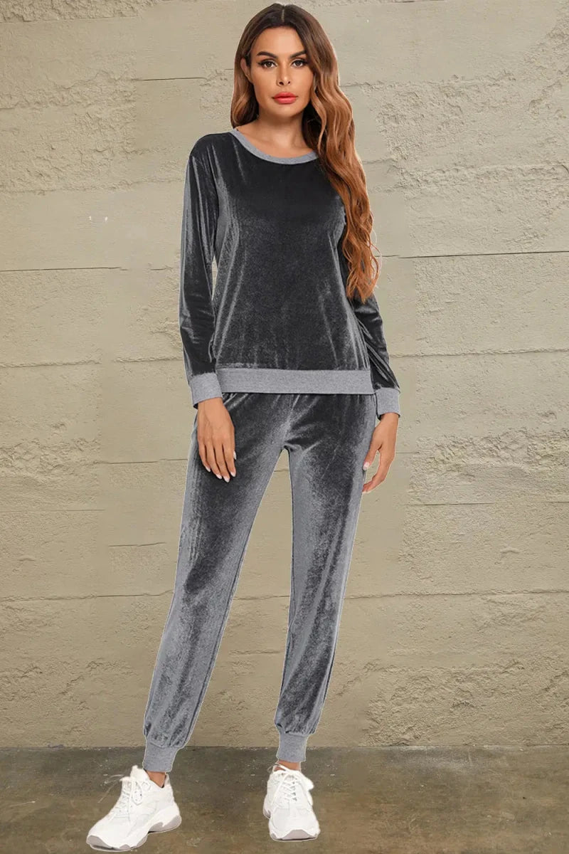 Round Neck Long Sleeve Loungewear Set with Pockets - Lustreve