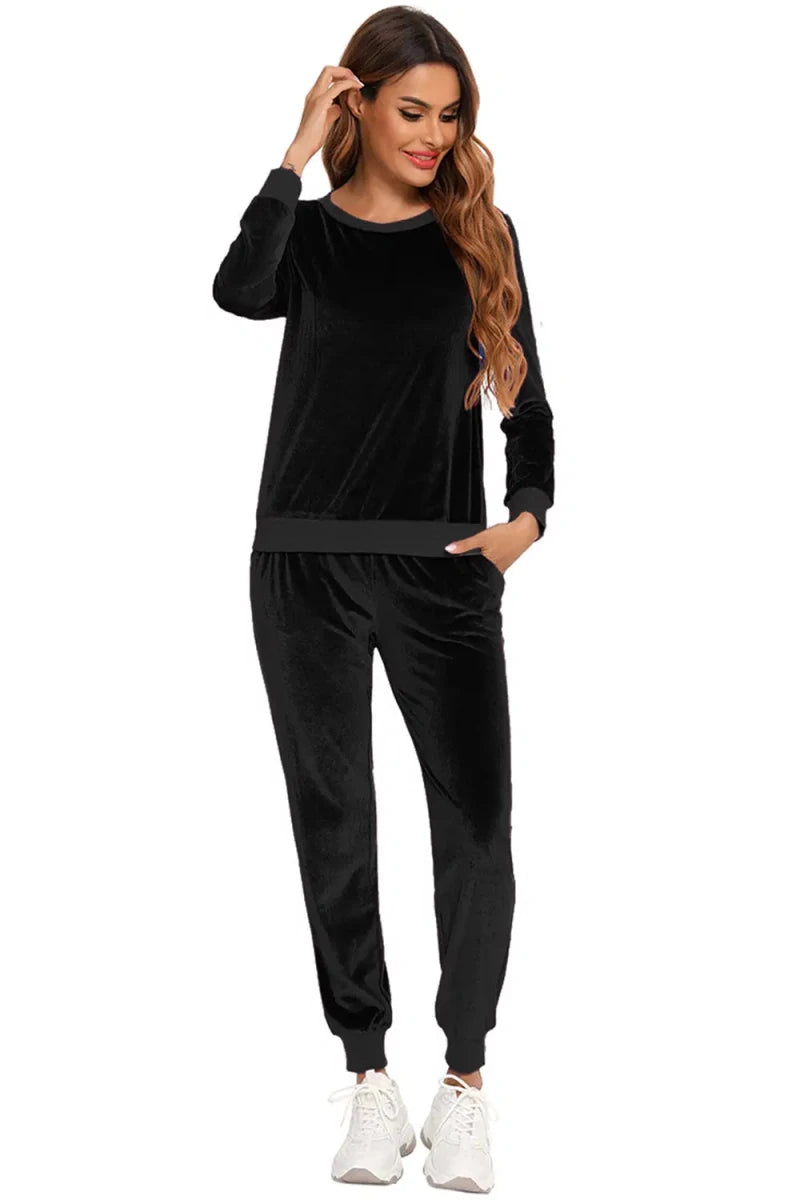 Round Neck Long Sleeve Loungewear Set with Pockets - Lustreve