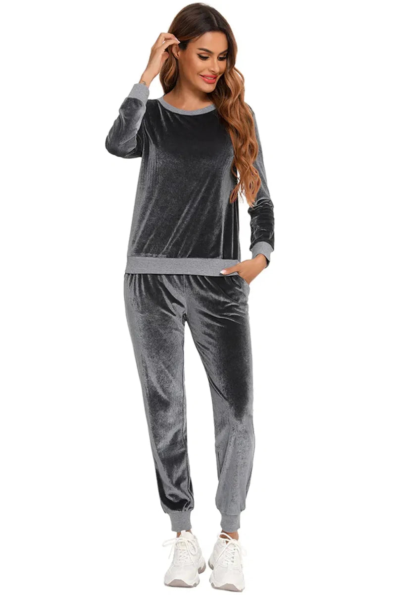 Round Neck Long Sleeve Loungewear Set with Pockets - Lustreve