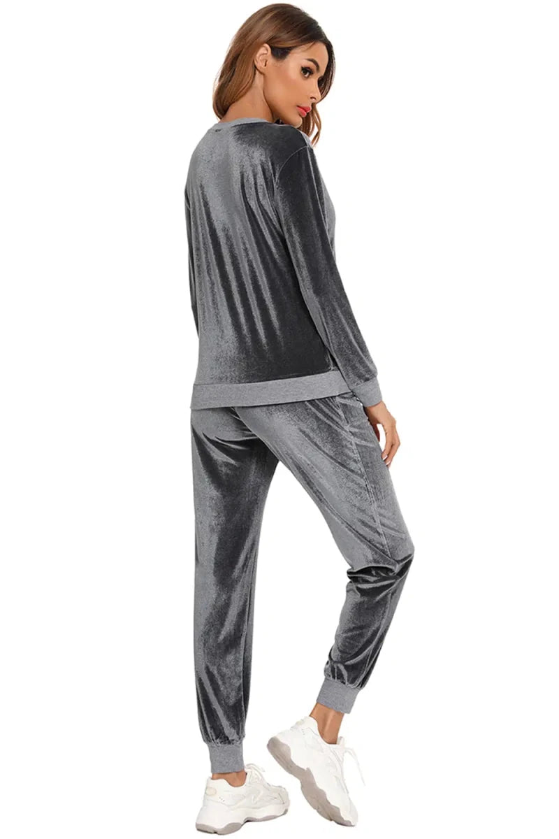 Round Neck Long Sleeve Loungewear Set with Pockets - Lustreve