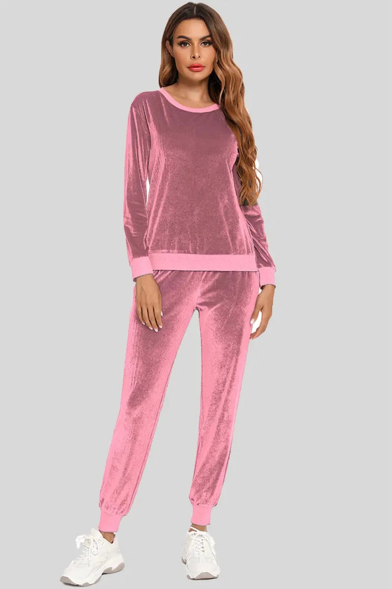 Round Neck Long Sleeve Loungewear Set with Pockets - Lustreve