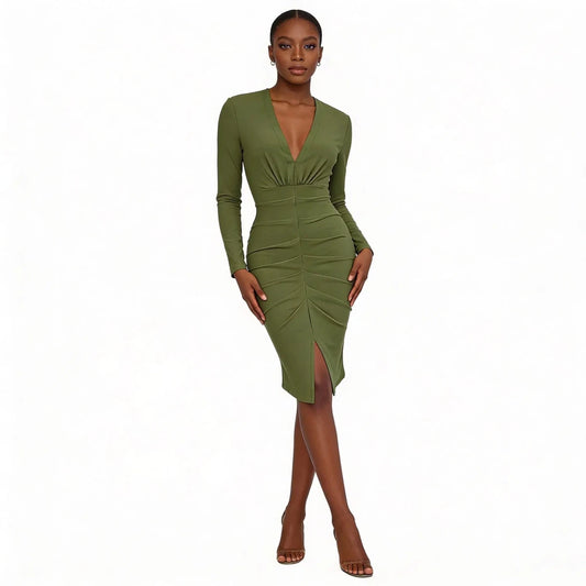 Ruched Deep V - Neck Bodycon Midi Dress - Lustreve