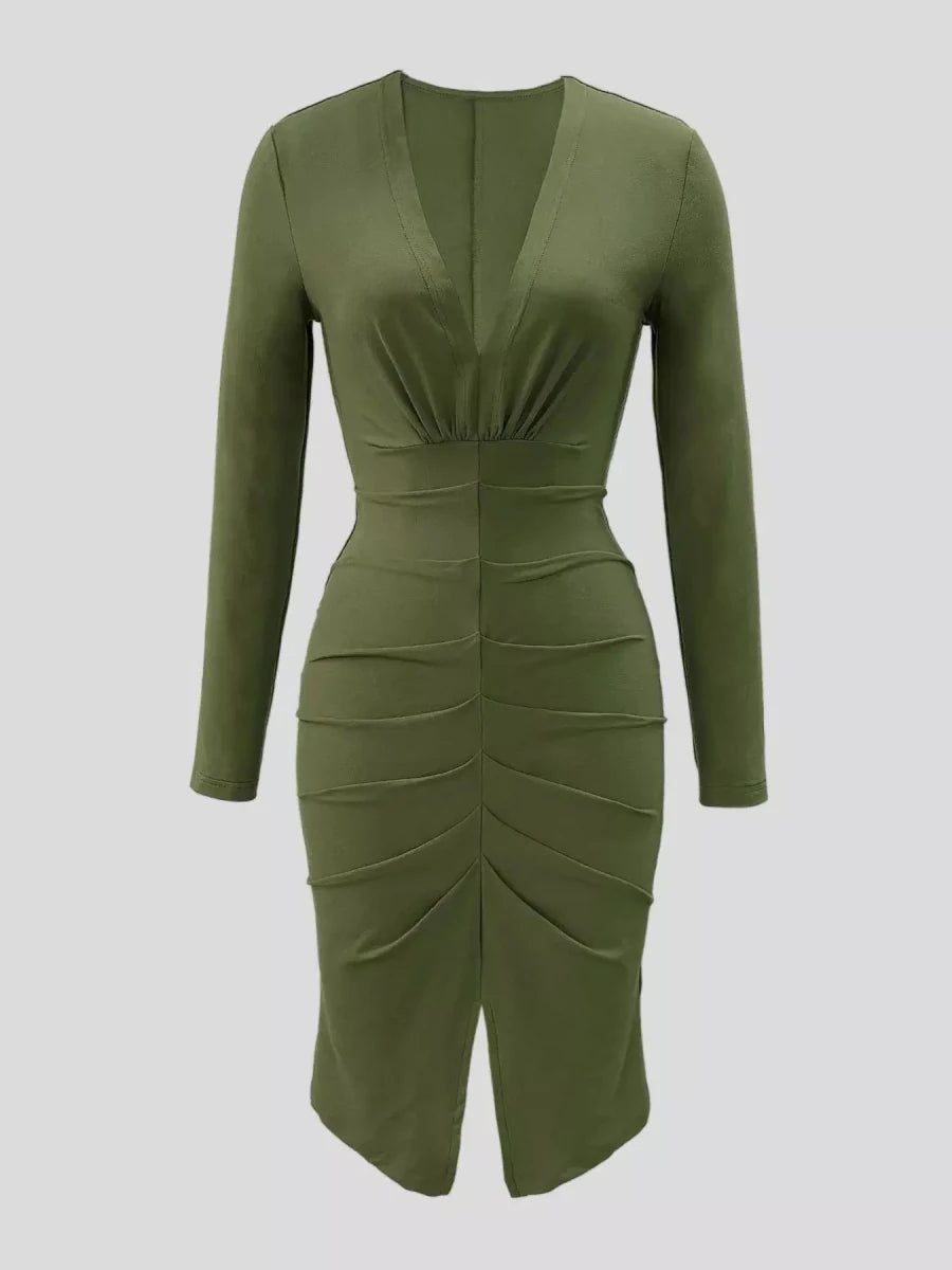 Ruched Deep V - Neck Bodycon Midi Dress - Lustreve