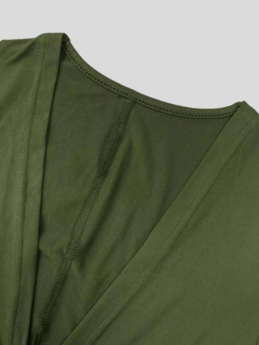 Ruched Deep V - Neck Bodycon Midi Dress - Lustreve