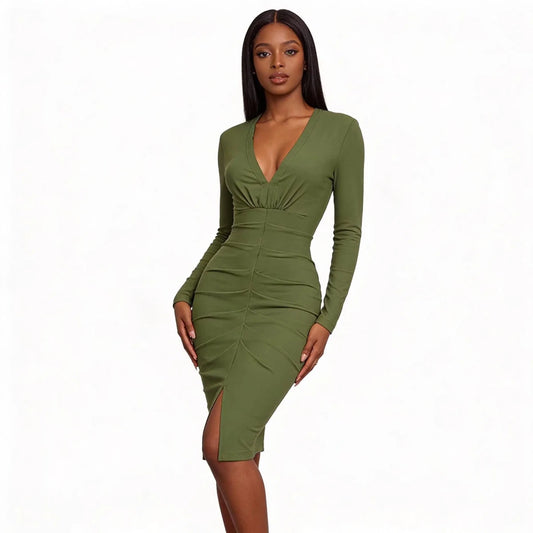 Ruched Deep V - Neck Bodycon Midi Dress - Lustreve