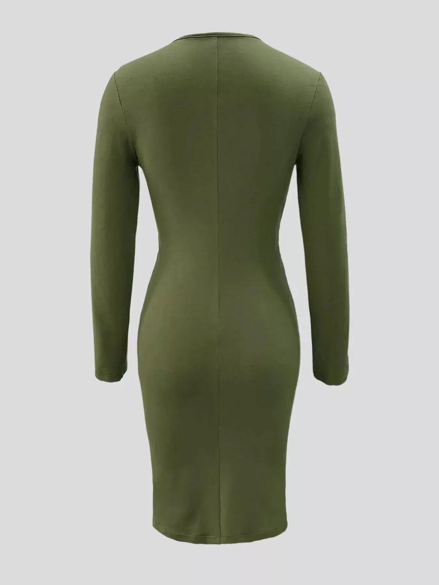 Ruched Deep V - Neck Bodycon Midi Dress - Lustreve