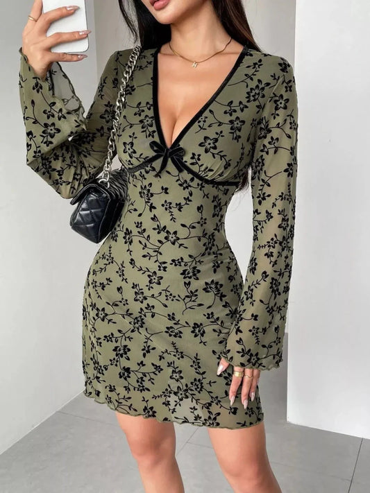 Soft Florals, Hard to Resist Mesh Mini Dress – Olive - Lustreve