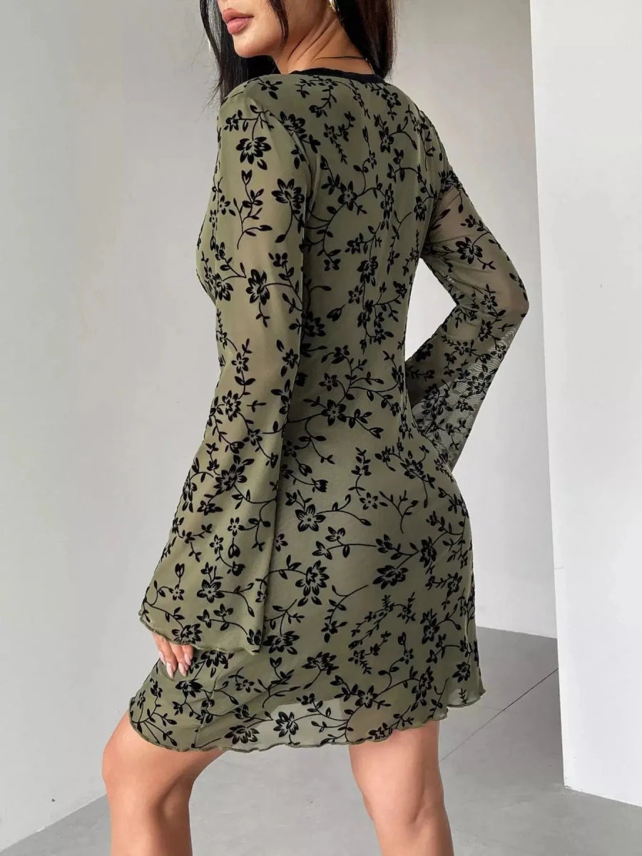 Soft Florals, Hard to Resist Mesh Mini Dress – Olive - Lustreve