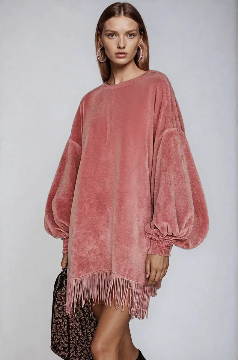 Soft Focus Fringe - Sway Sweater Mini Dress - Lustreve