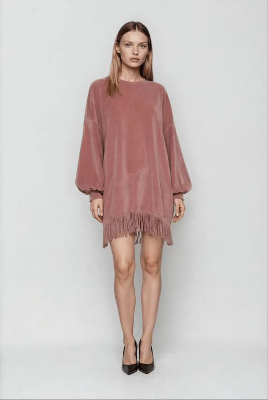 Soft Focus Fringe - Sway Sweater Mini Dress - Lustreve