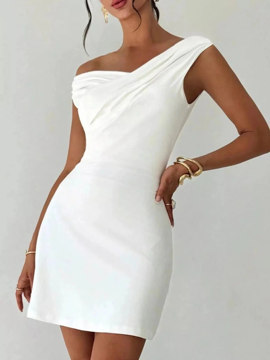Soft Spoken, Hard to Forget Off - Shoulder Draped Mini Dress - Lustreve