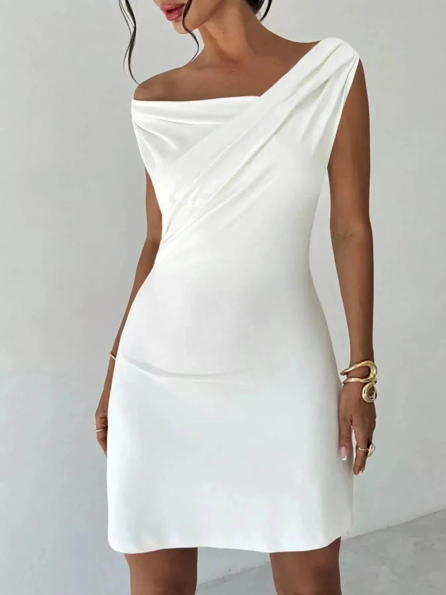 Soft Spoken, Hard to Forget Off - Shoulder Draped Mini Dress - Lustreve