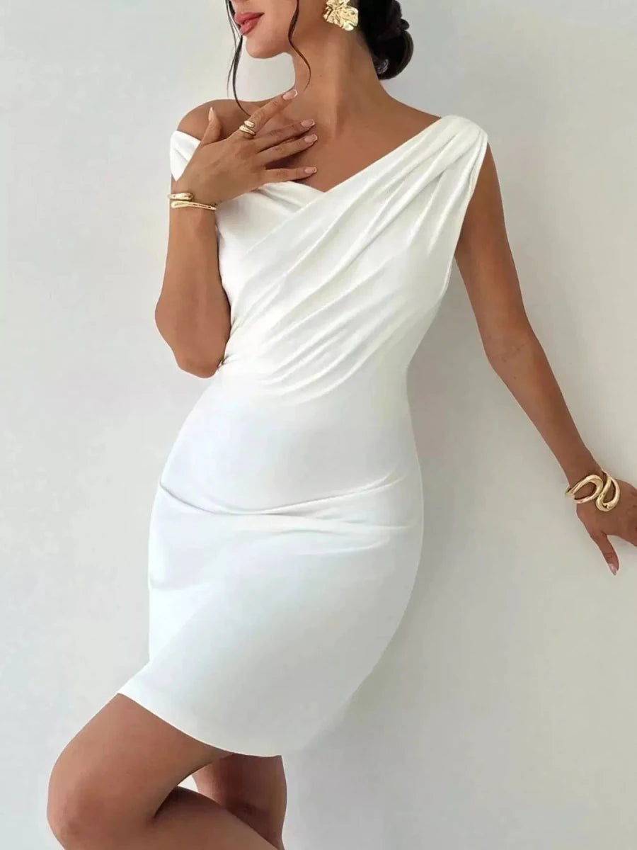 Soft Spoken, Hard to Forget Off - Shoulder Draped Mini Dress - Lustreve