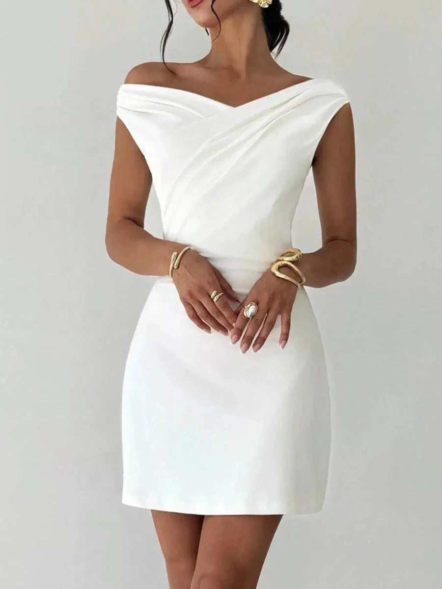 Soft Spoken, Hard to Forget Off - Shoulder Draped Mini Dress - Lustreve