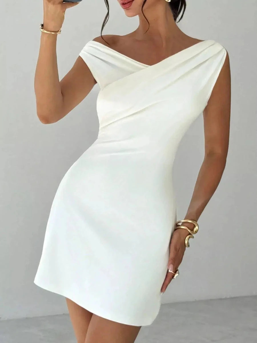 Soft Spoken, Hard to Forget Off - Shoulder Draped Mini Dress - Lustreve