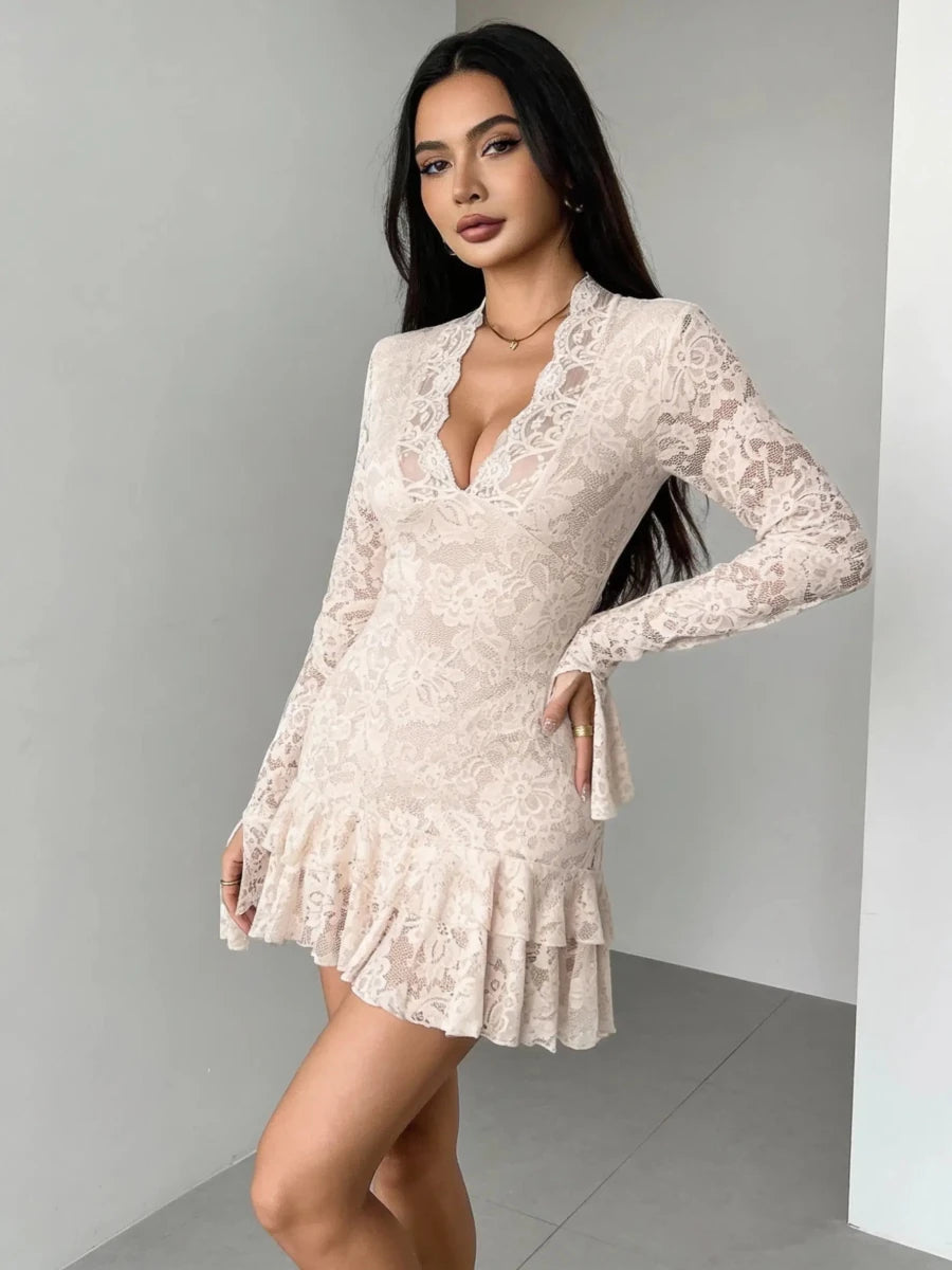 Soft Touch, Bad Intentions Lace Ruffle Mini Dress - Lustreve