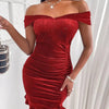 Sparkly Velvet Off - Shoulder Ruched Bodycon Dress - Lustreve