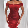 Sparkly Velvet Off - Shoulder Ruched Bodycon Dress - Lustreve