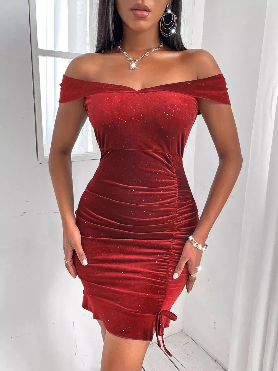Sparkly Velvet Off - Shoulder Ruched Bodycon Dress - Lustreve