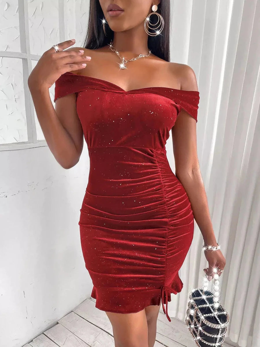 Sparkly Velvet Off - Shoulder Ruched Bodycon Dress - Lustreve