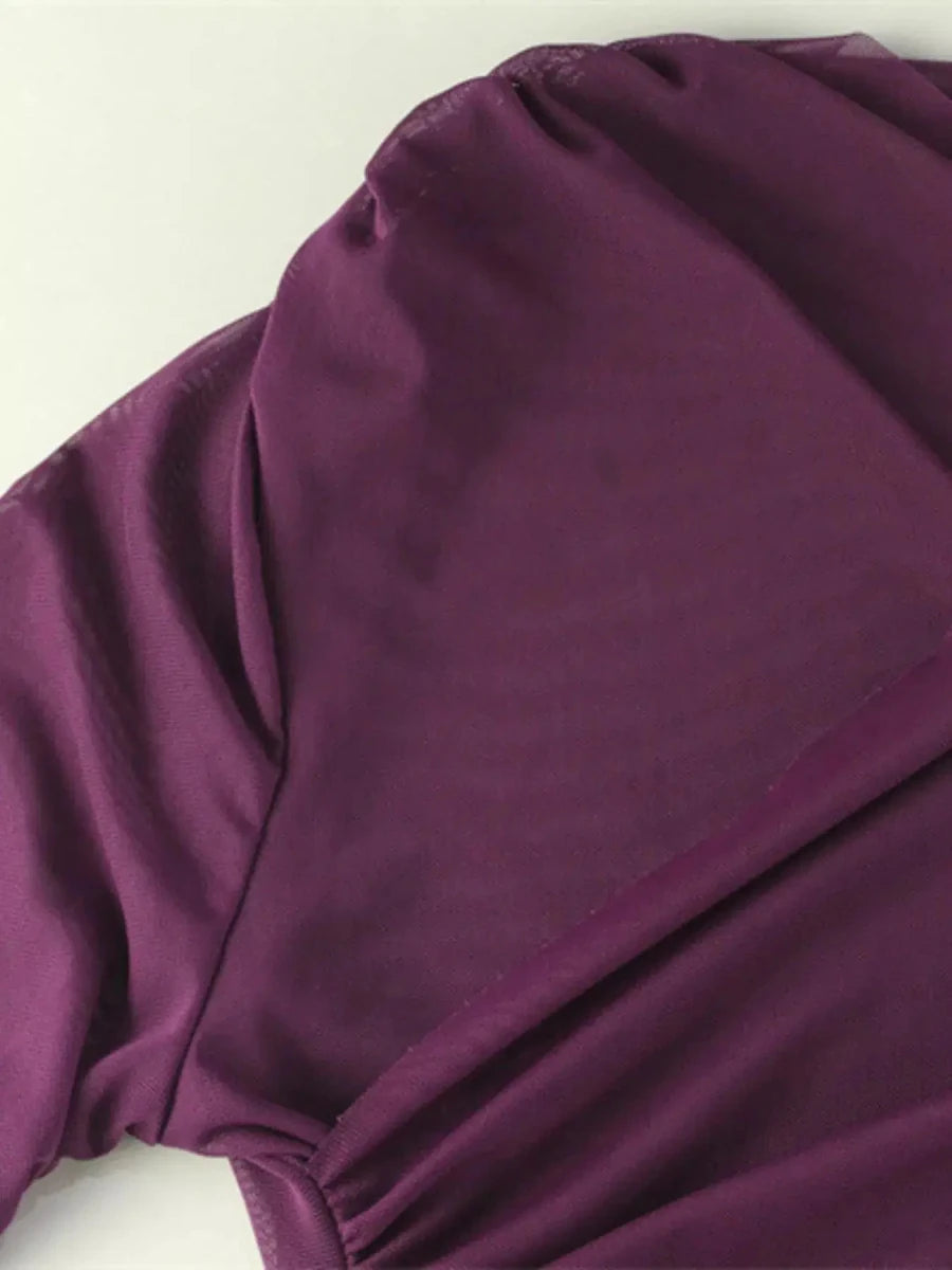 Starlit Primrose Ruched Halo Mesh Mini Dress – Plum - Lustreve