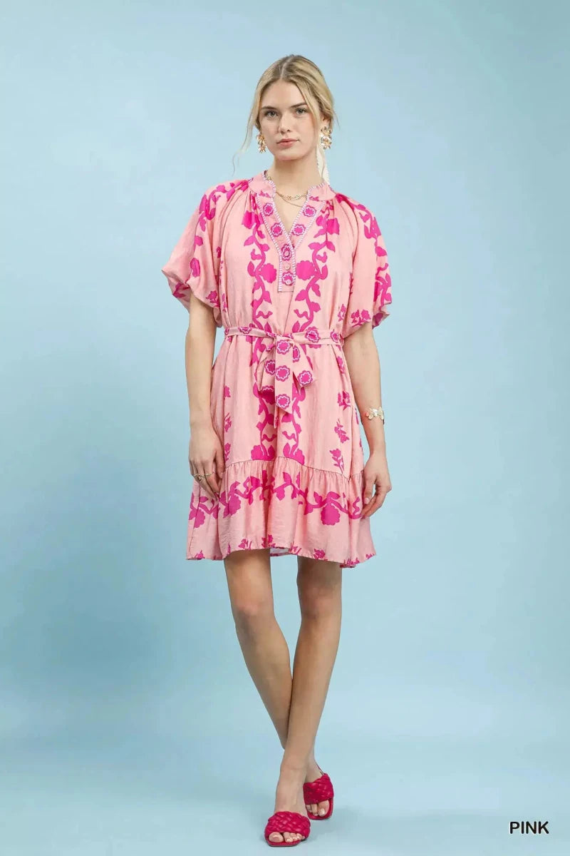 Sunlit Stroll Floral Tie - Waist Mini Dress – Pink - Lustreve
