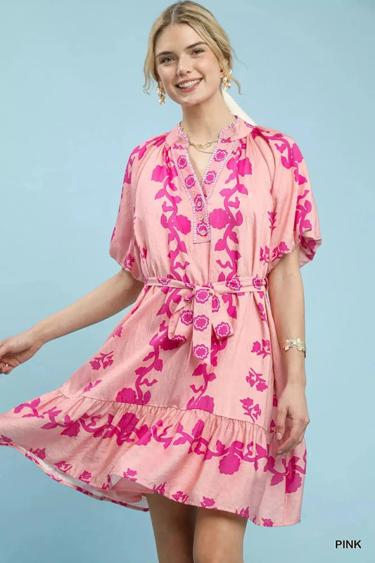 Sunlit Stroll Floral Tie - Waist Mini Dress – Pink - Lustreve