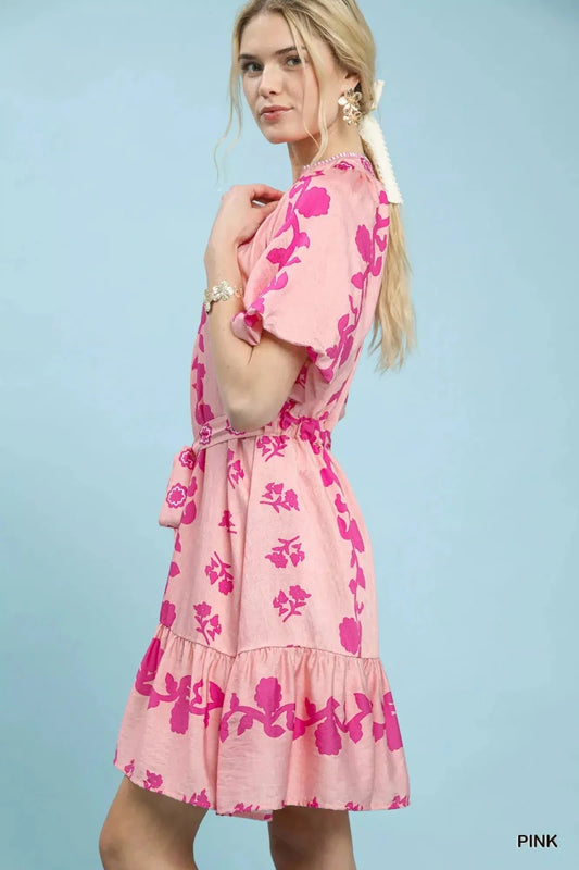 Sunlit Stroll Floral Tie - Waist Mini Dress – Pink - Lustreve