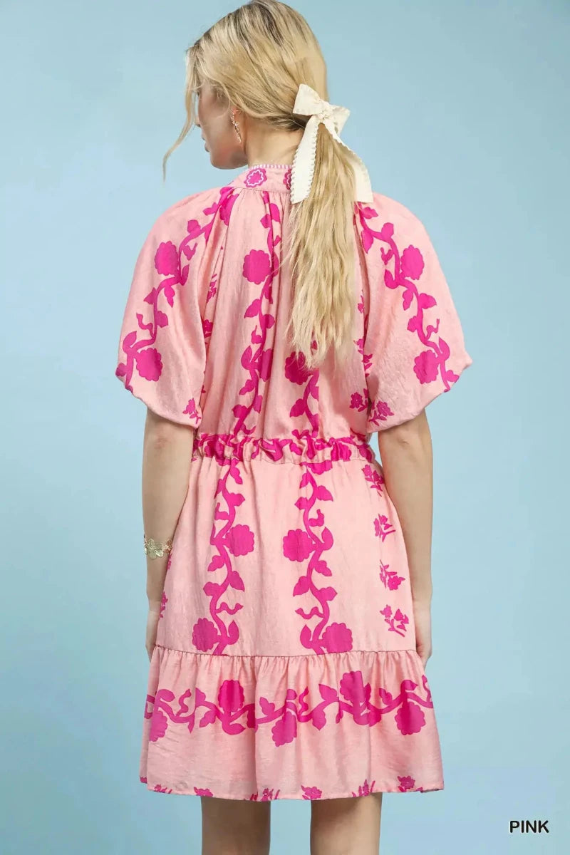 Sunlit Stroll Floral Tie - Waist Mini Dress – Pink - Lustreve