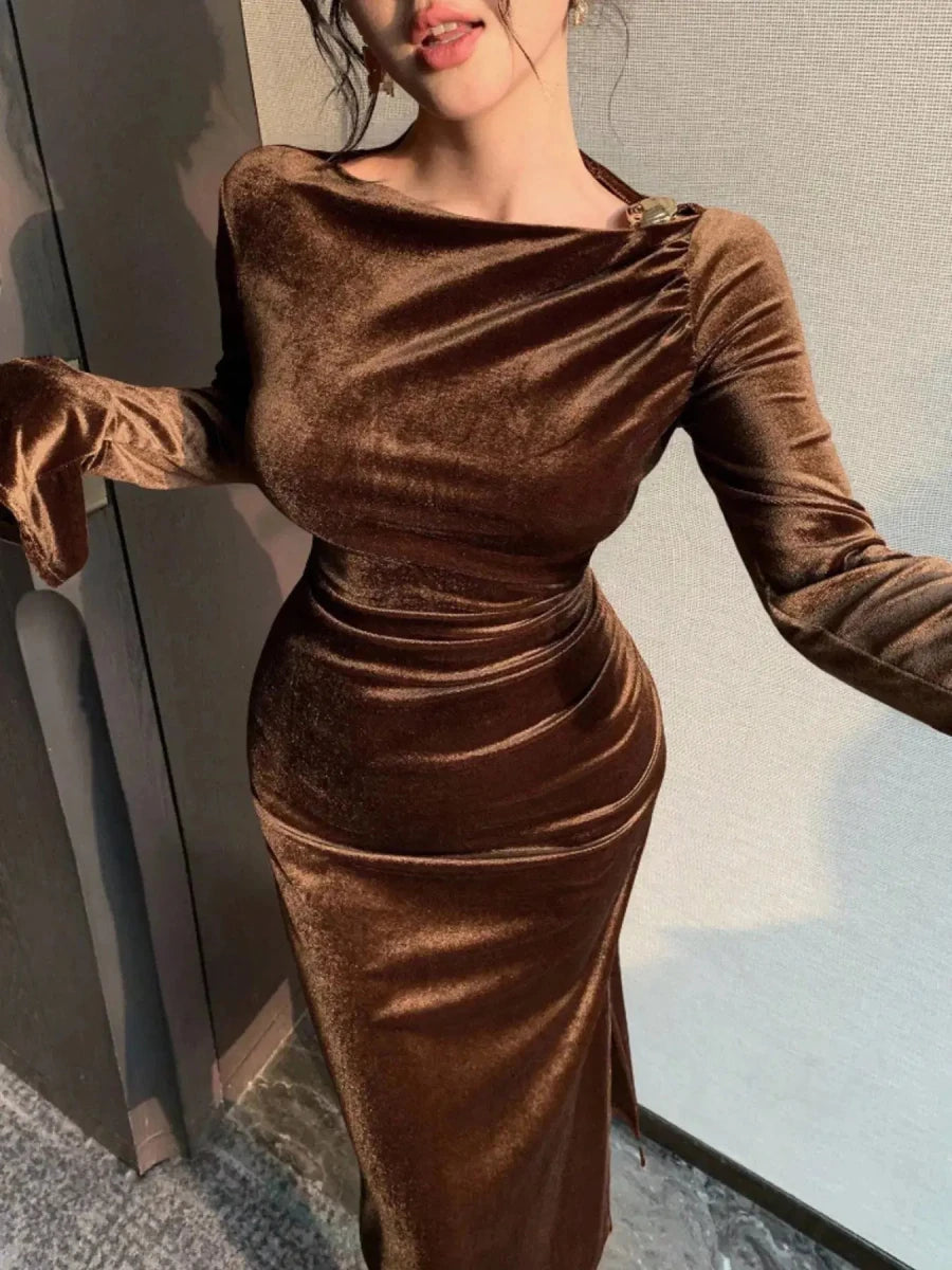 The Way You Look Tonight Velvet Midi Dress – Brown - Lustreve
