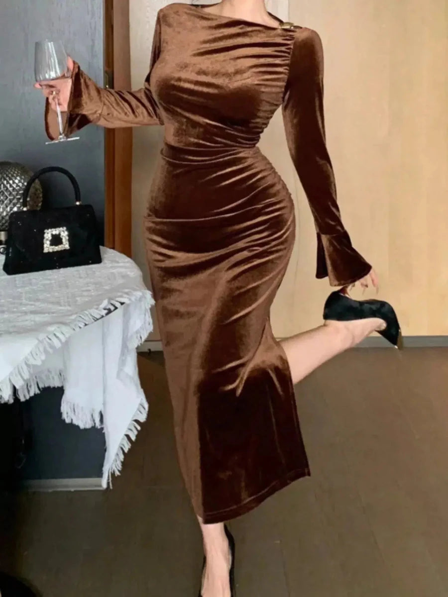 The Way You Look Tonight Velvet Midi Dress – Brown - Lustreve