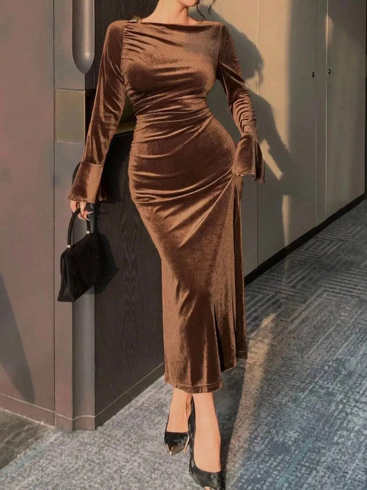 The Way You Look Tonight Velvet Midi Dress – Brown - Lustreve