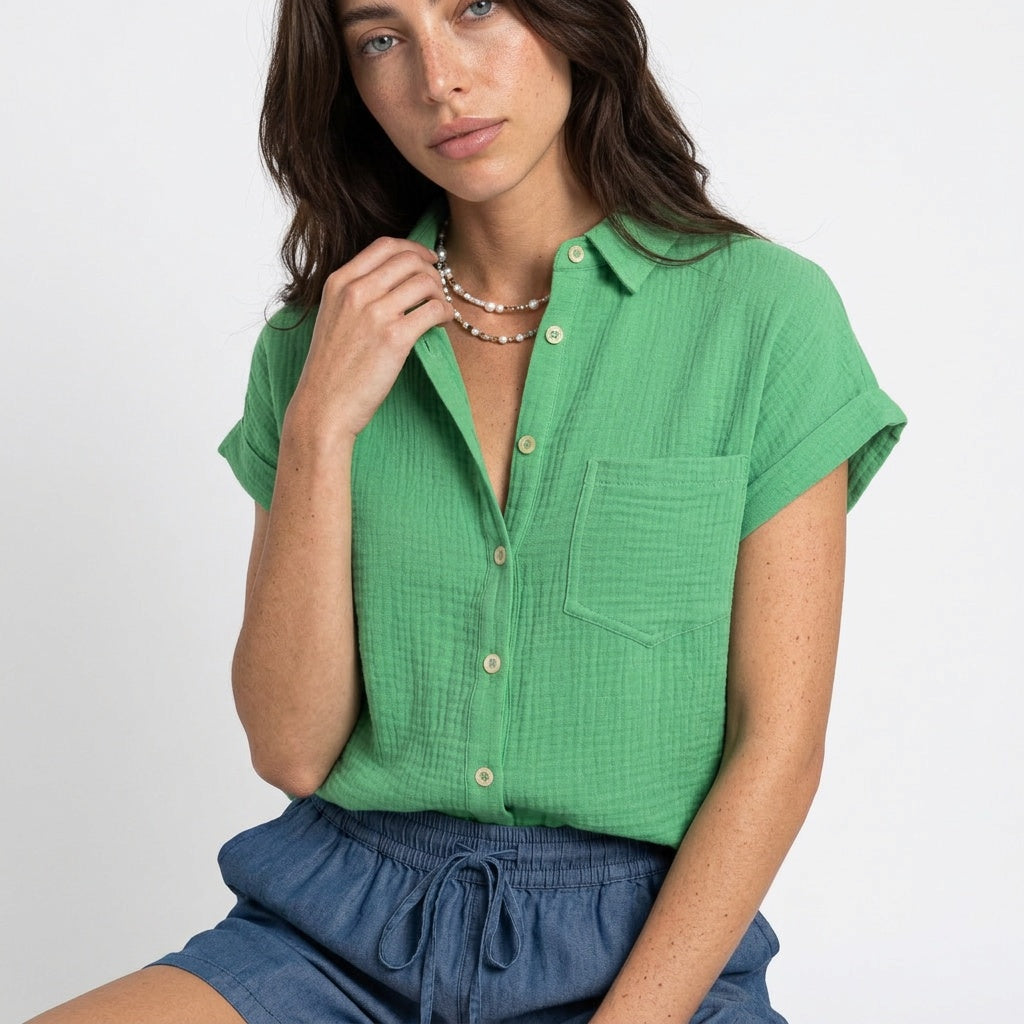 Weekend Away Rolled Sleeve Button-up Top