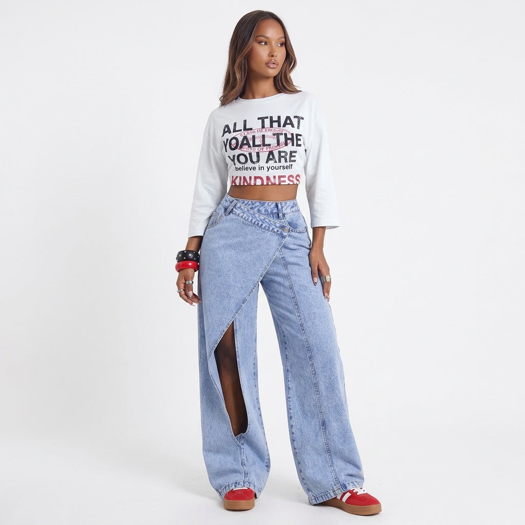 Crossed Lines Washed Wrap-Front Wide-Leg Jeans