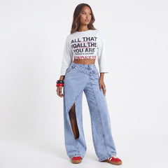 Crossed Lines Washed Wrap-Front Wide-Leg Jeans