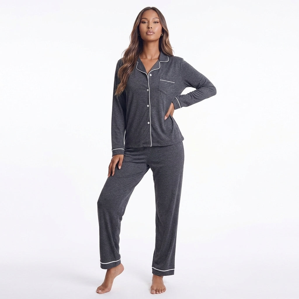 Contrast Piping Button Down Top and Pants Loungewear Set