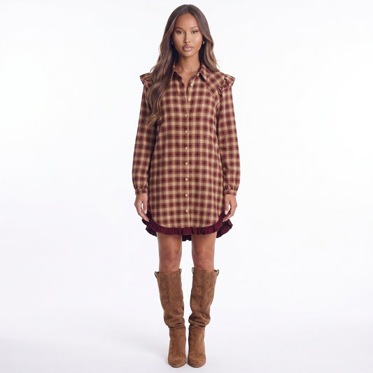Apple Cider Mood Plaid Ruffle Shirt Mini Dress