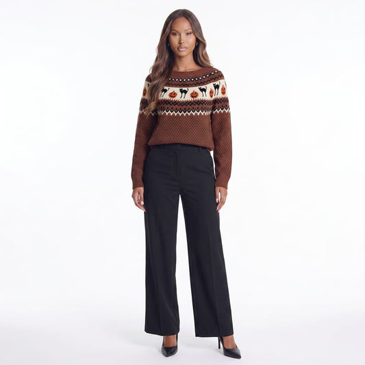 Harvest Hex Cat Pattern Knit Round Neck Sweater