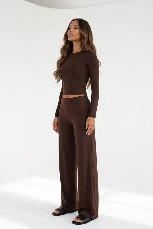 Mocha State of Mind Long Sleeve Top and Wide-Leg Pants Set